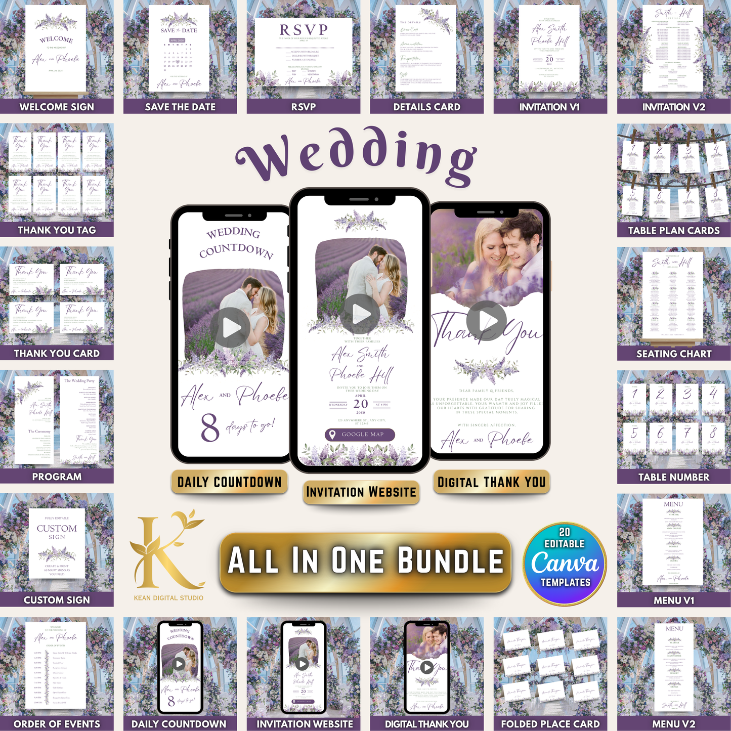 All In One Lavender Purple Wedding Invitation + Website Bundle, Canva Editable Templates, Lavender Themed Wedding, Purple Wedding Invitation