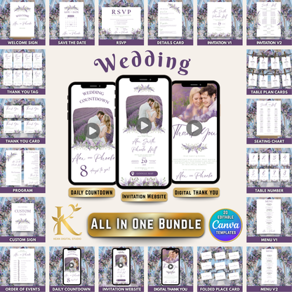 All In One Lavender Purple Wedding Invitation + Website Bundle, Canva Editable Templates, Lavender Themed Wedding, Purple Wedding Invitation