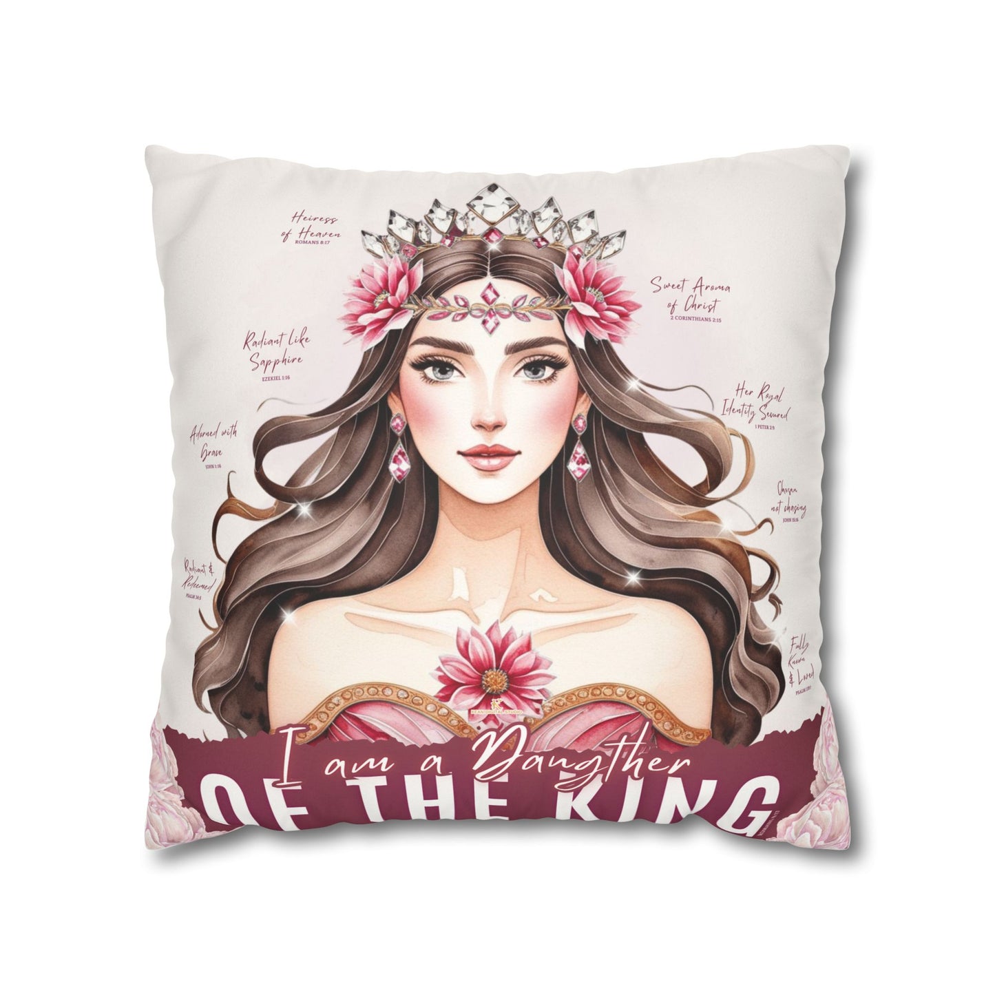 Daughter of the King Faux Suede Pillowcase | Floral Crown Decorative Throw Pillow I Pink