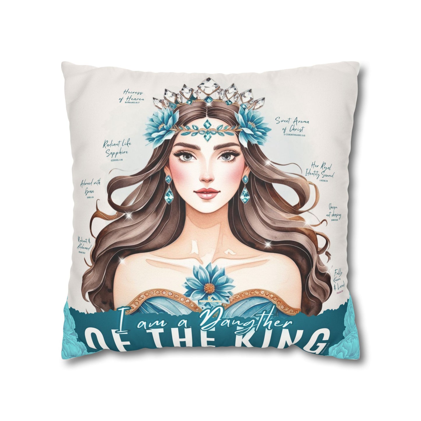 Daughter of the King Faux Suede Pillowcase | Floral Crown Decorative Throw Pillow I Turquoise