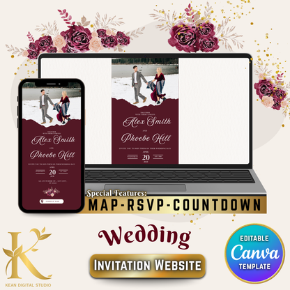 Midnight Mulberry Wedding Invitation Website, Burgundy Red Editable Canva Template