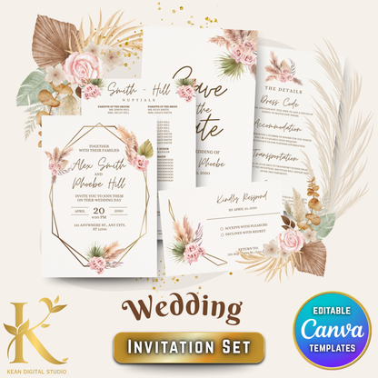 Wedding Invitation Set, Fully Editable in Canva, Boho Theme