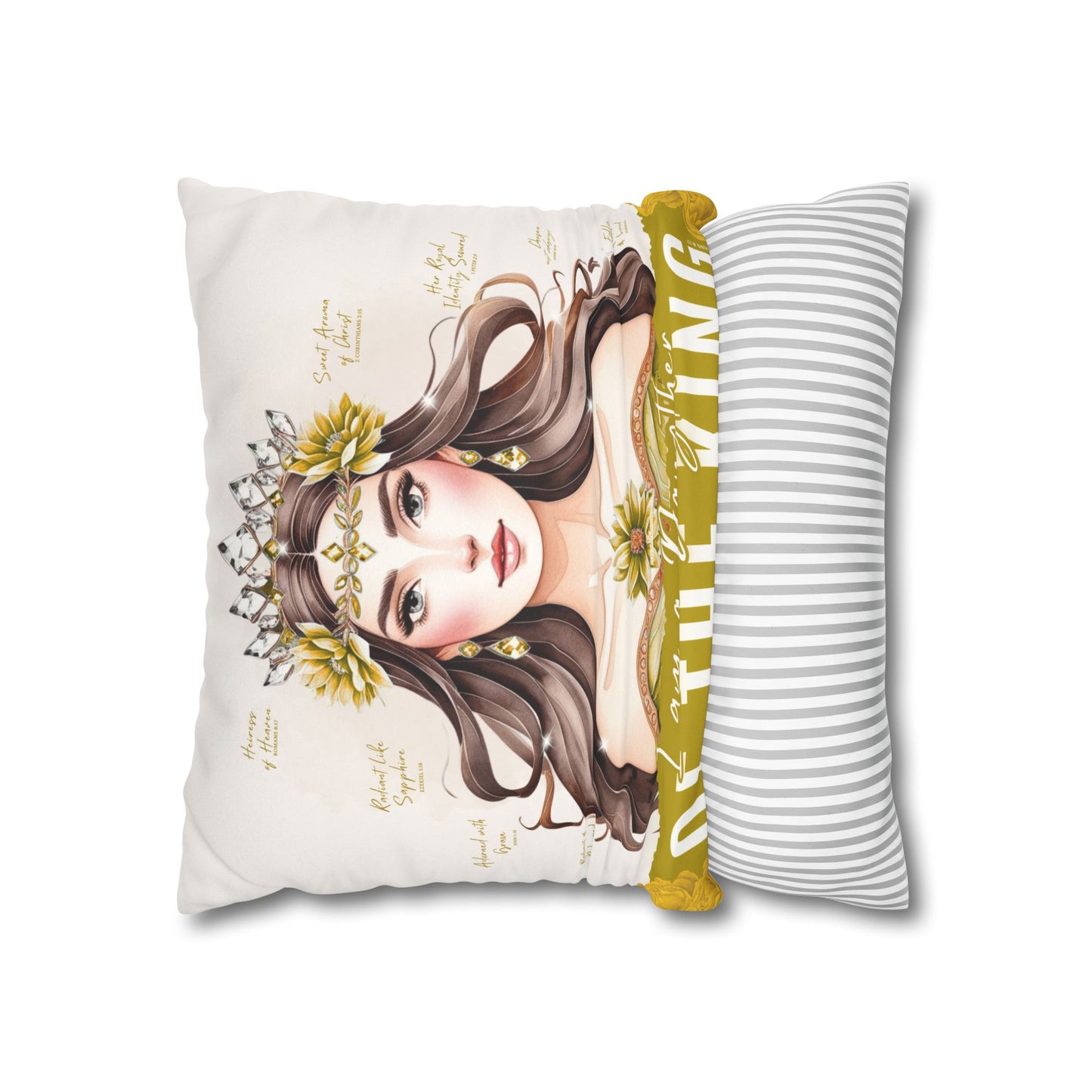 Daughter of the King Faux Suede Pillowcase | Floral Crown Decorative Throw Pillow I Yellow Gold