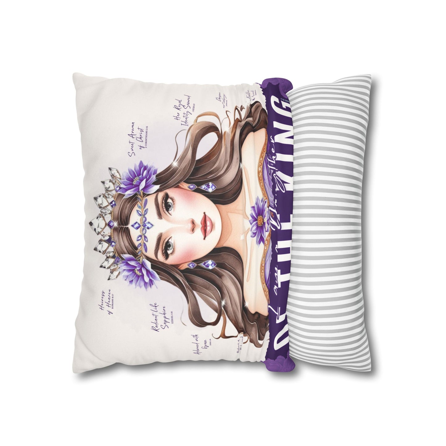 Daughter of the King Faux Suede Pillowcase | Floral Crown Decorative Throw Pillow I Purple Violet