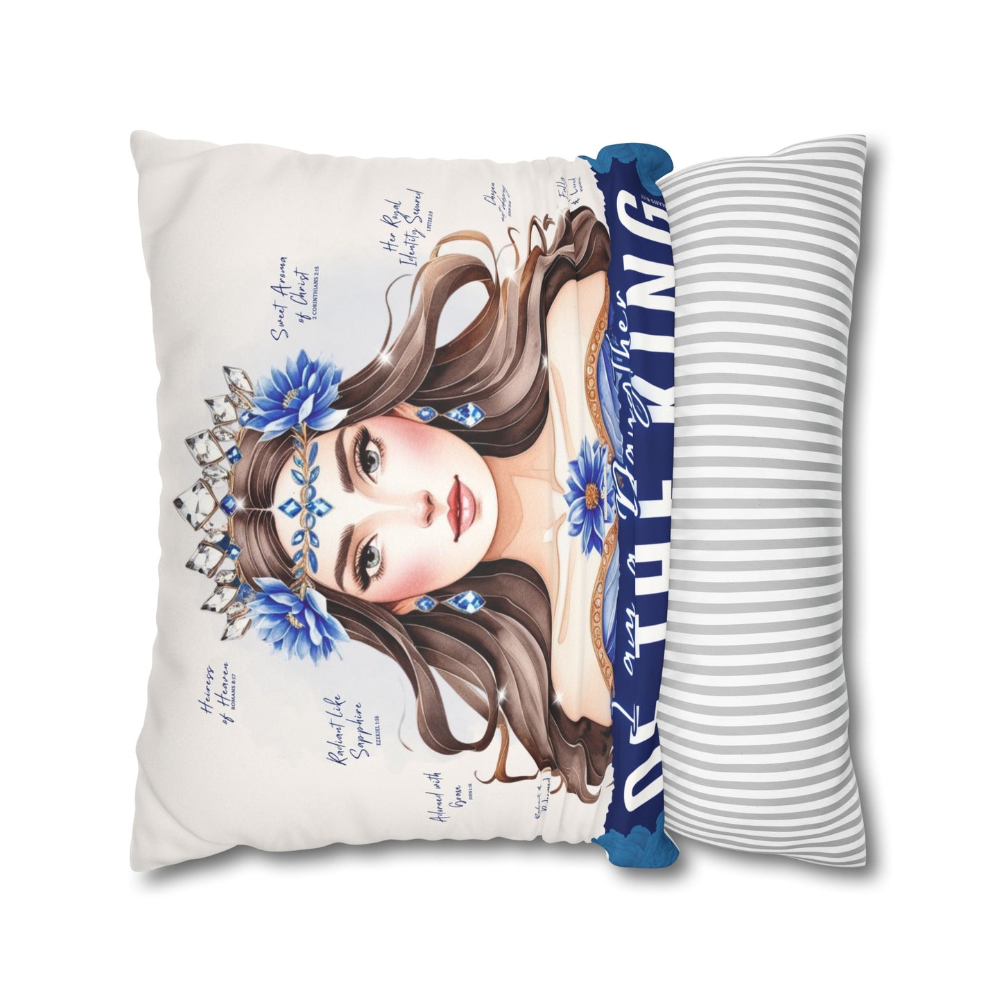 Daughter of the King Faux Suede Pillowcase | Floral Crown Decorative Throw Pillow I Blue