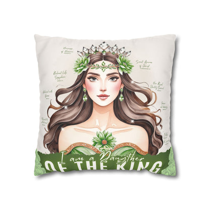 Daughter of the King Faux Suede Pillowcase | Floral Crown Decorative Throw Pillow I Olive Green
