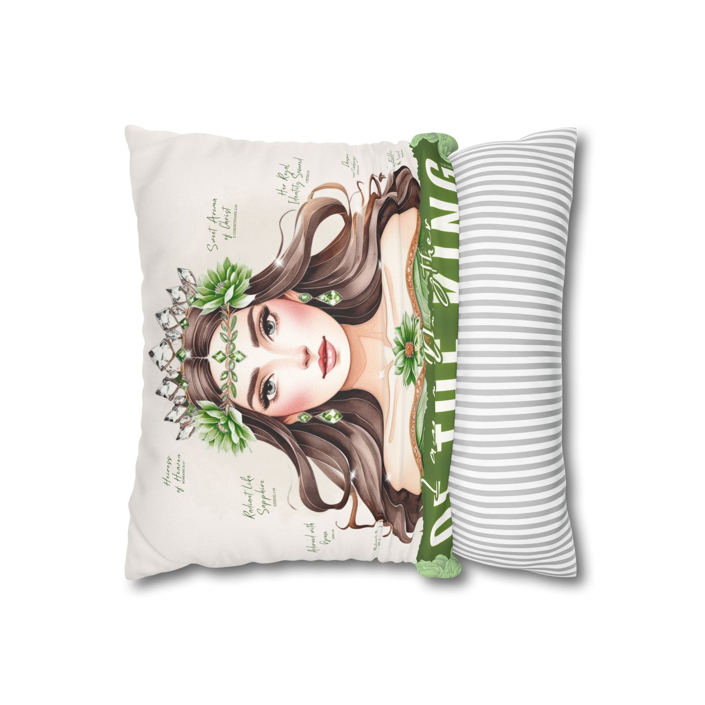 Daughter of the King Faux Suede Pillowcase | Floral Crown Decorative Throw Pillow I Olive Green