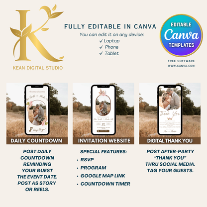 All In One Wedding Bundle Boho Theme Wedding Invitation and Wedding Website with RSVP, 20 Wedding Templates Fully Editable in Canva