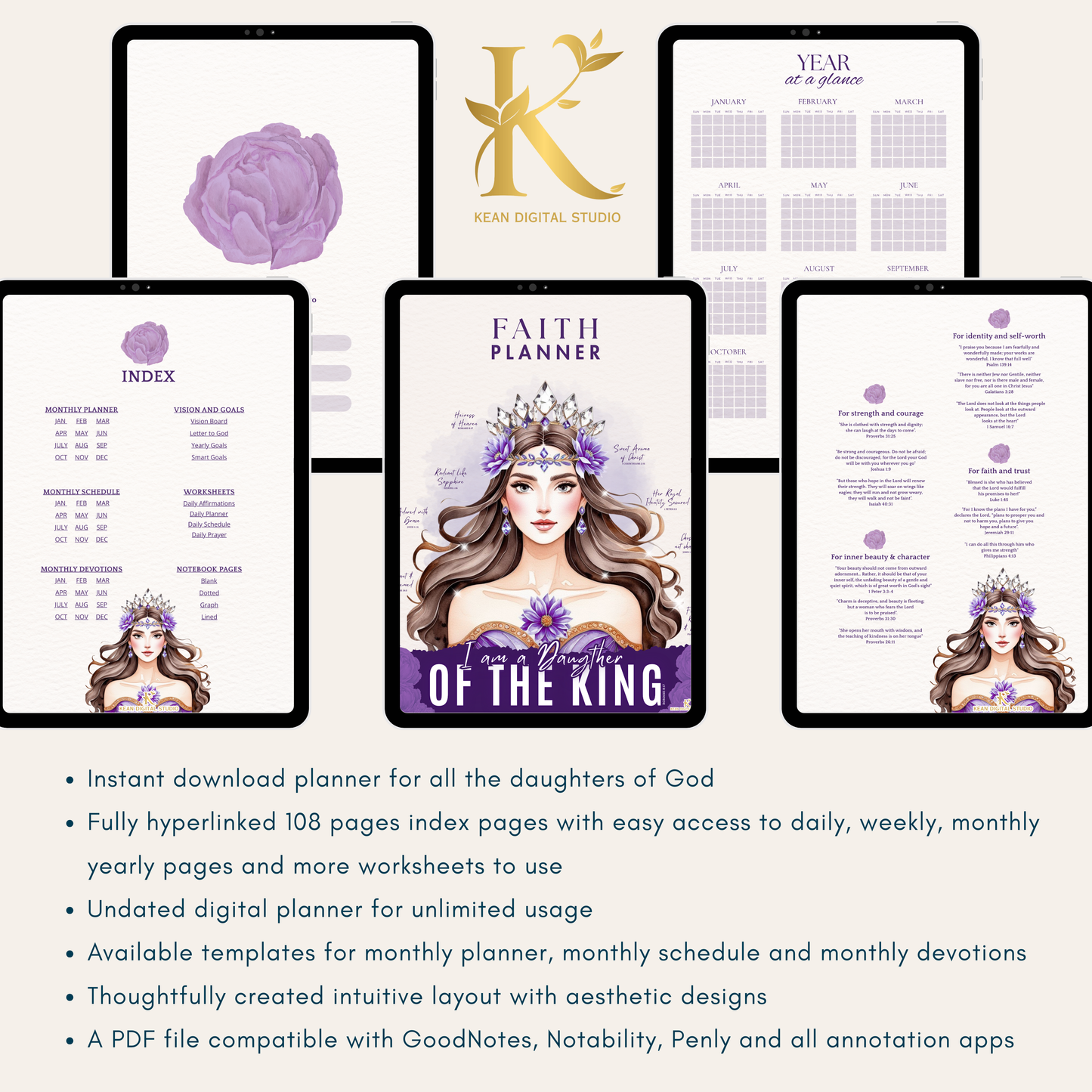 Christian Digital Planner for Women: Faith & Devotion (Undated) - Purple Violet