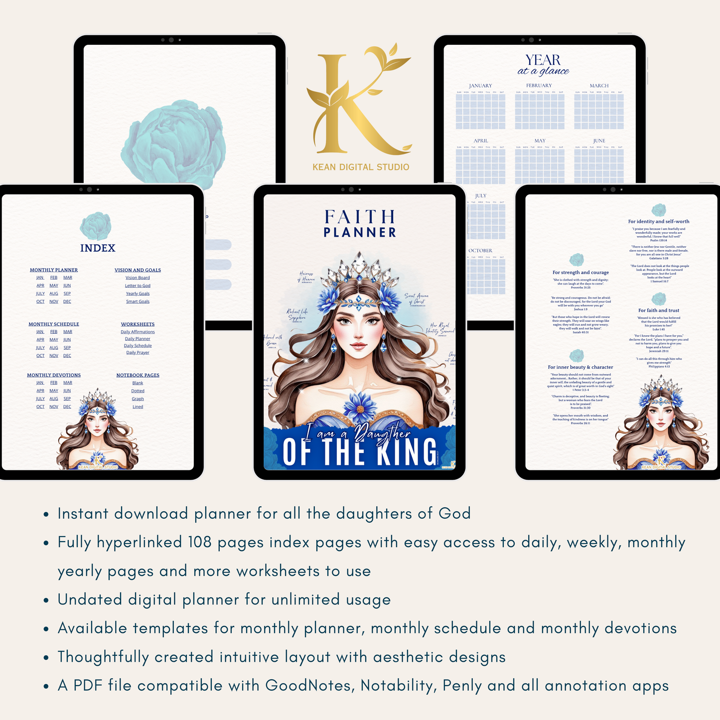 Christian Digital Planner for Women: Faith & Devotion (Undated) - Blue