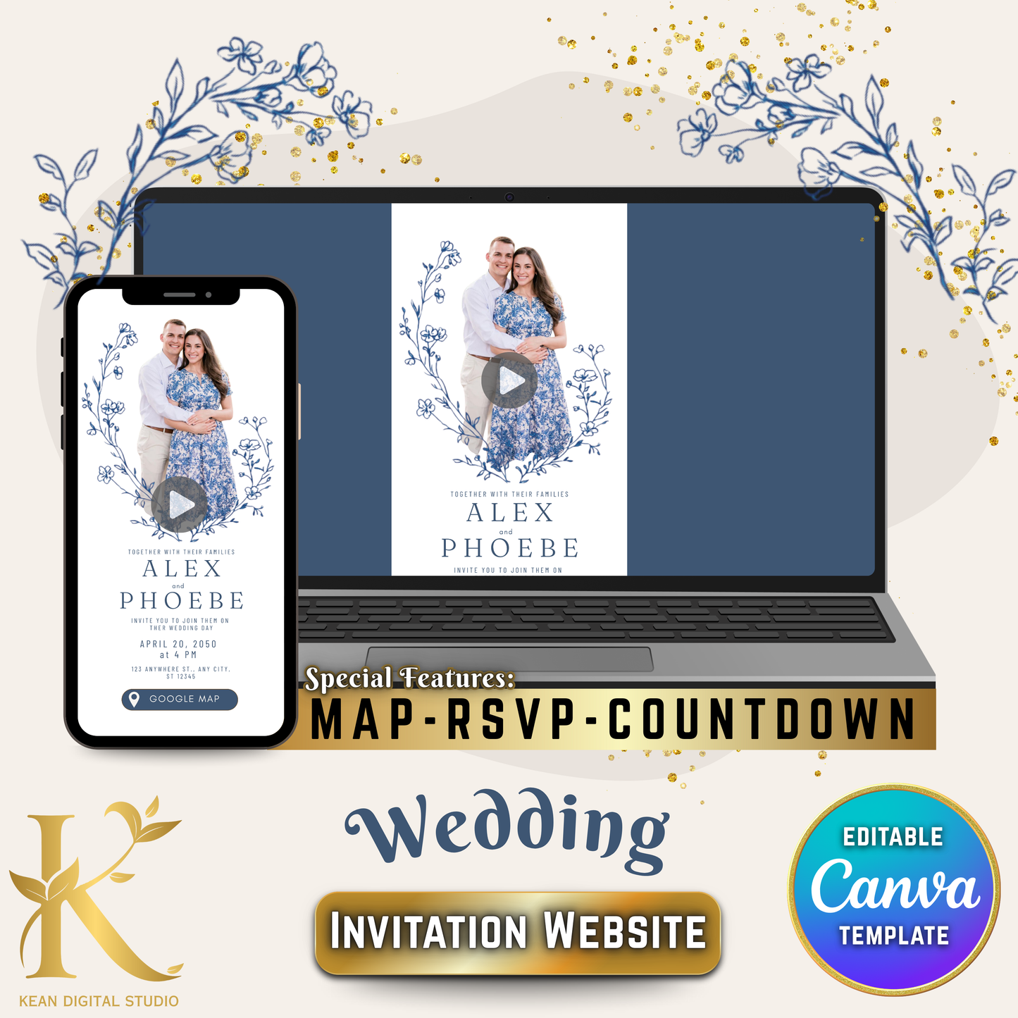 Blue Willow Wedding Invitation Website, Editable Canva Templates