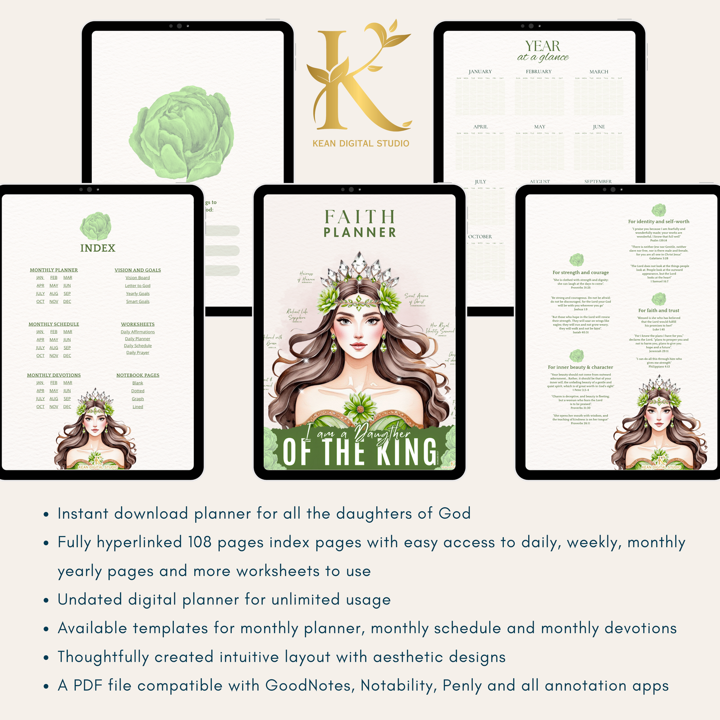 Christian Digital Planner for Women: Faith & Devotion (Undated) - Olive Green
