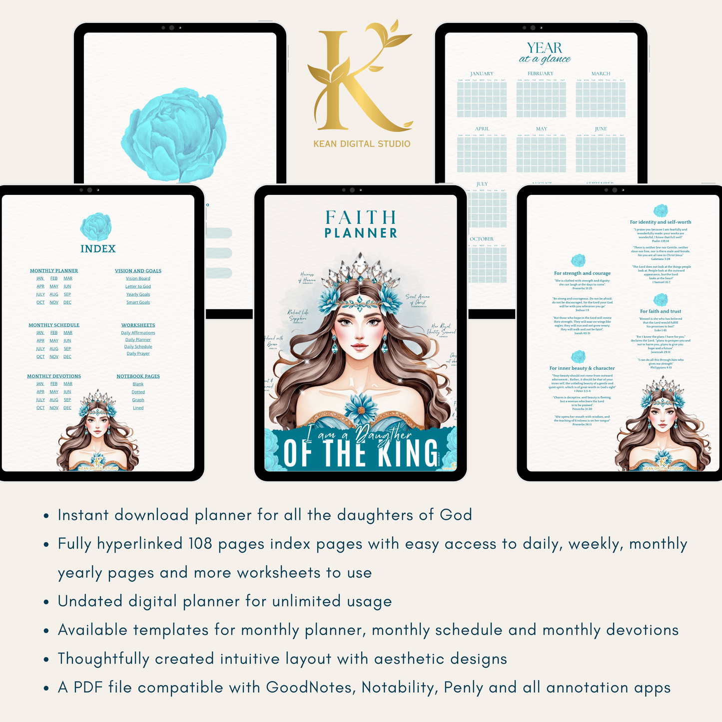 Christian Digital Planner for Women: Faith & Devotion (Undated) - Turquoise