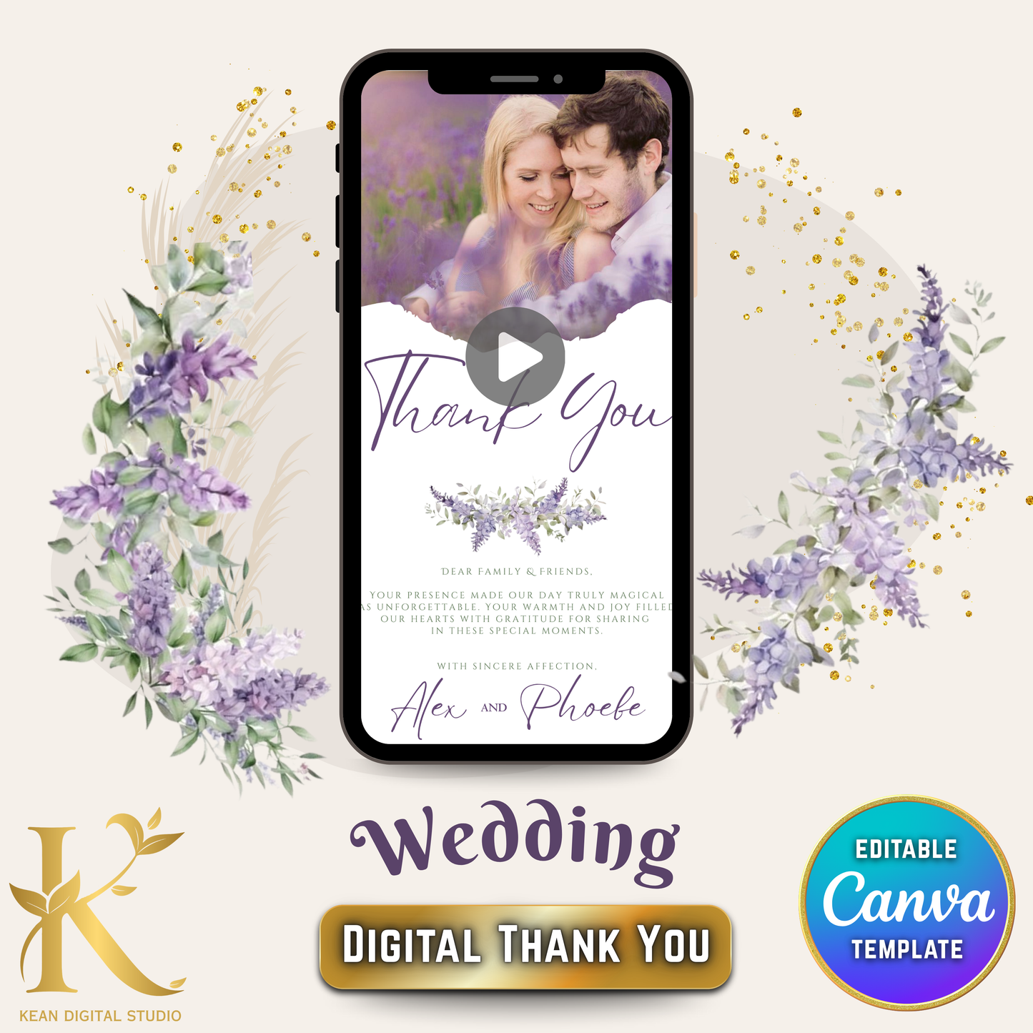 Wedding Digital Thank You Video Template, Fully Editable in Canva, Lavender Purple Theme