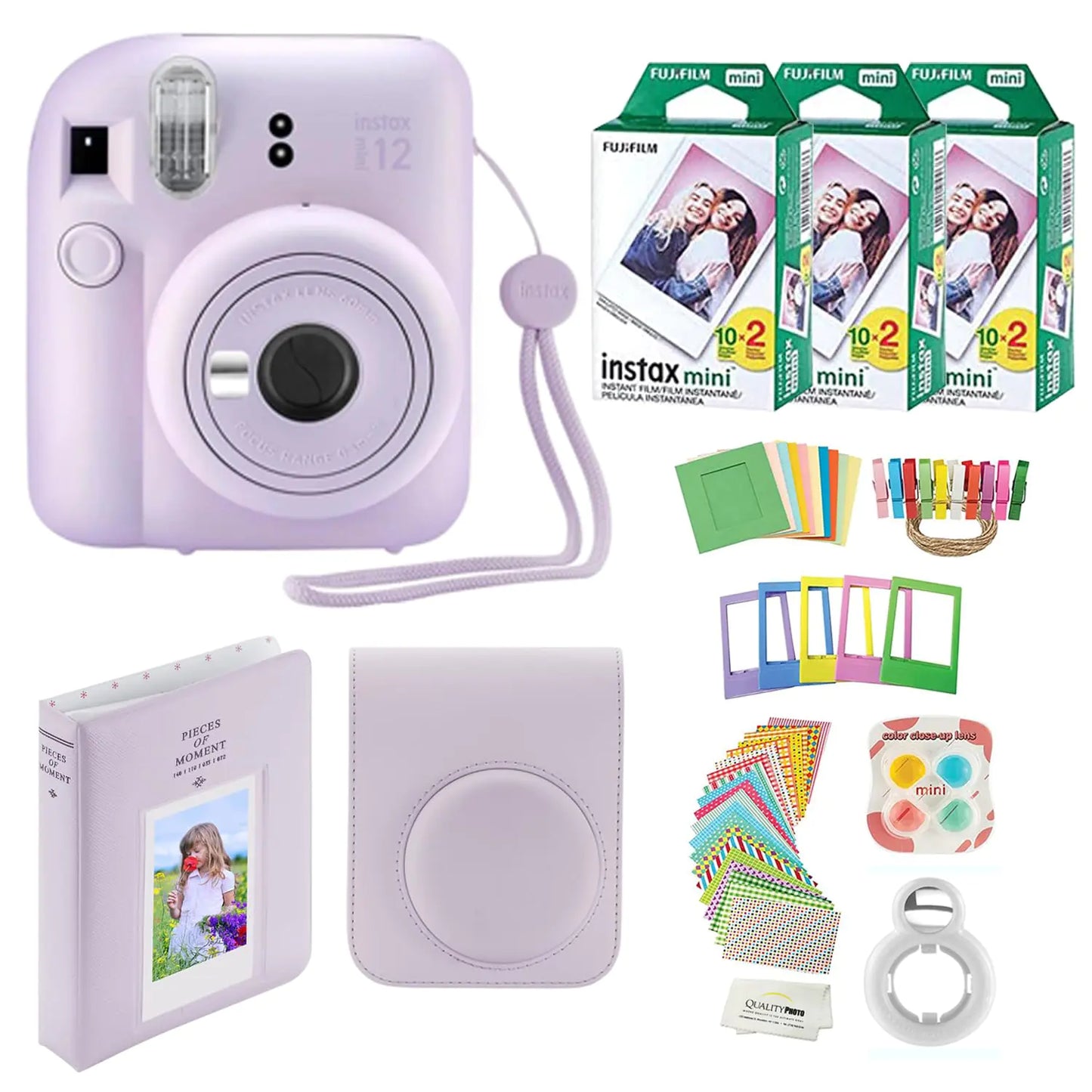 Fujifilm Instax Mini 12 Instant Camera + 60 Photo Prints + Quality Photo Value Bundle Case Decoration Stickers Frames Photo Album (Lilac Purple)