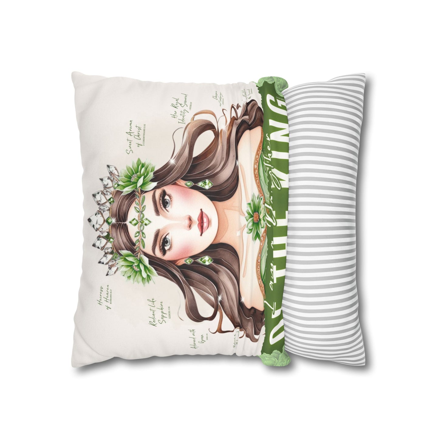 Daughter of the King Faux Suede Pillowcase | Floral Crown Decorative Throw Pillow I Olive Green