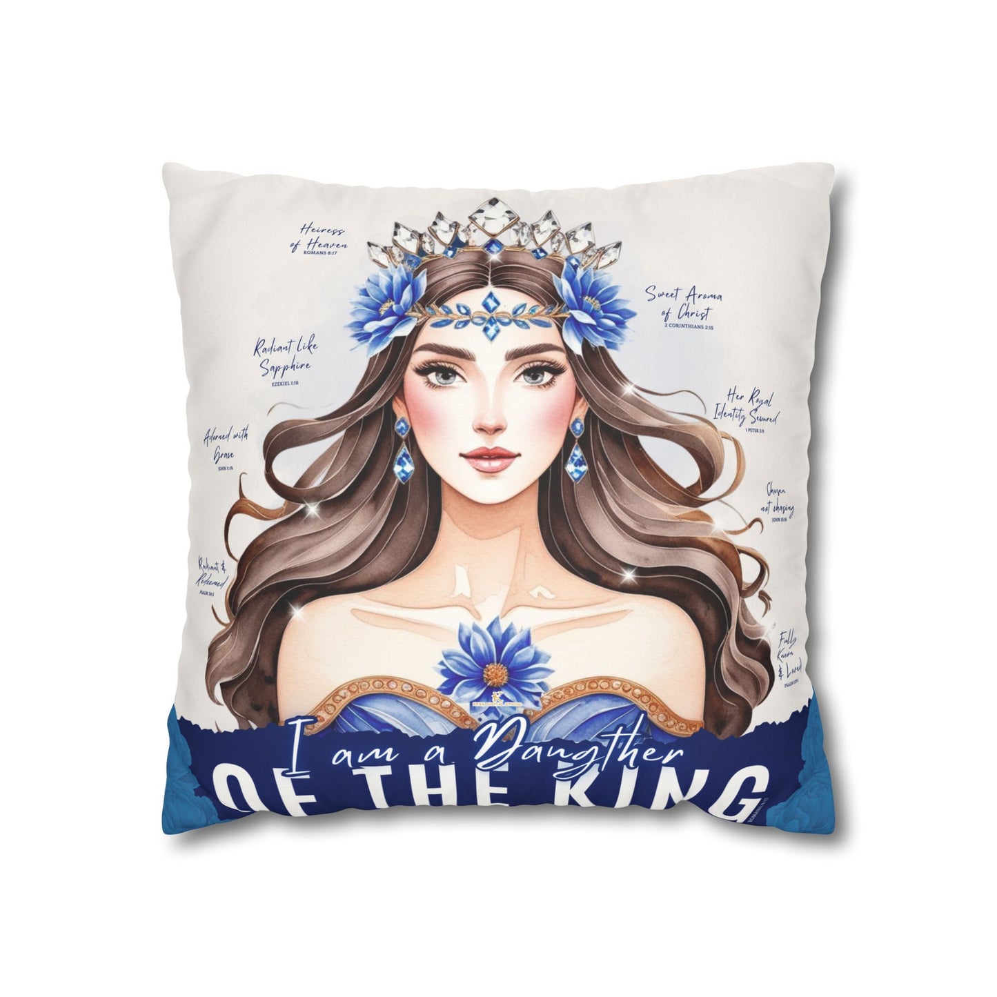 Daughter of the King Faux Suede Pillowcase | Floral Crown Decorative Throw Pillow I Blue