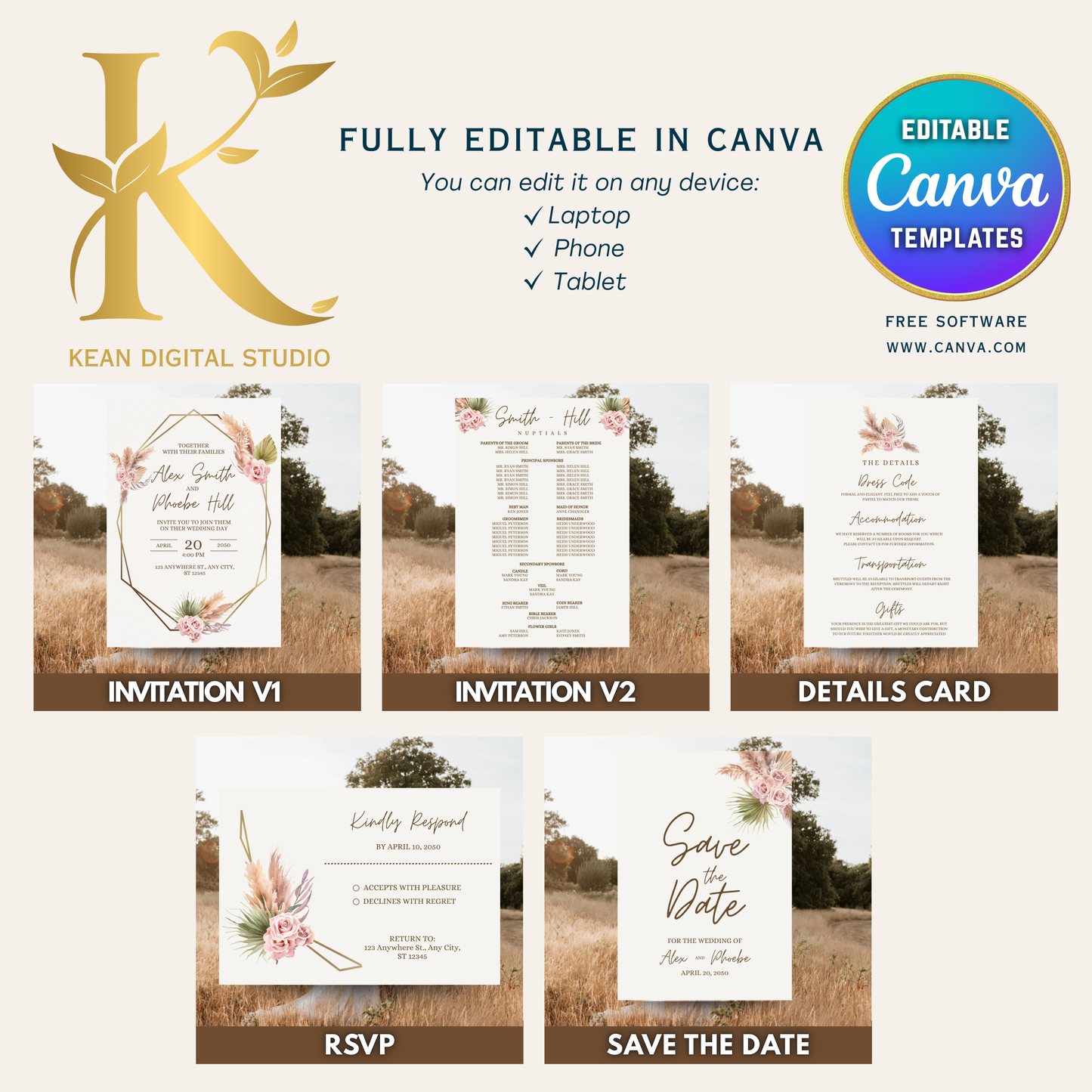 All In One Wedding Bundle Boho Theme Wedding Invitation and Wedding Website with RSVP, 20 Wedding Templates Fully Editable in Canva