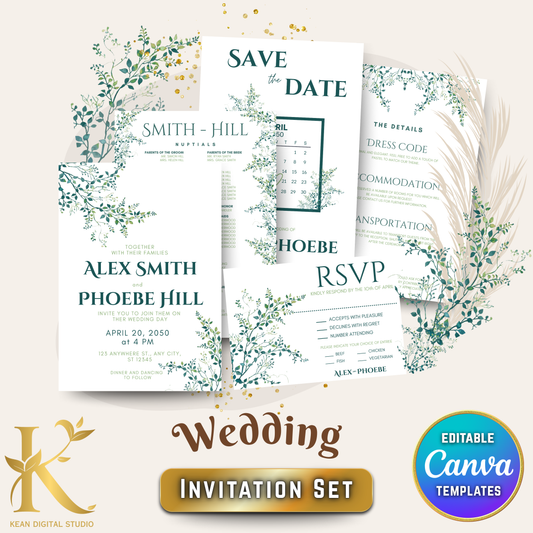 Wedding Invitation Set, Fully Editable in Canva, Elegant Greenery  Theme