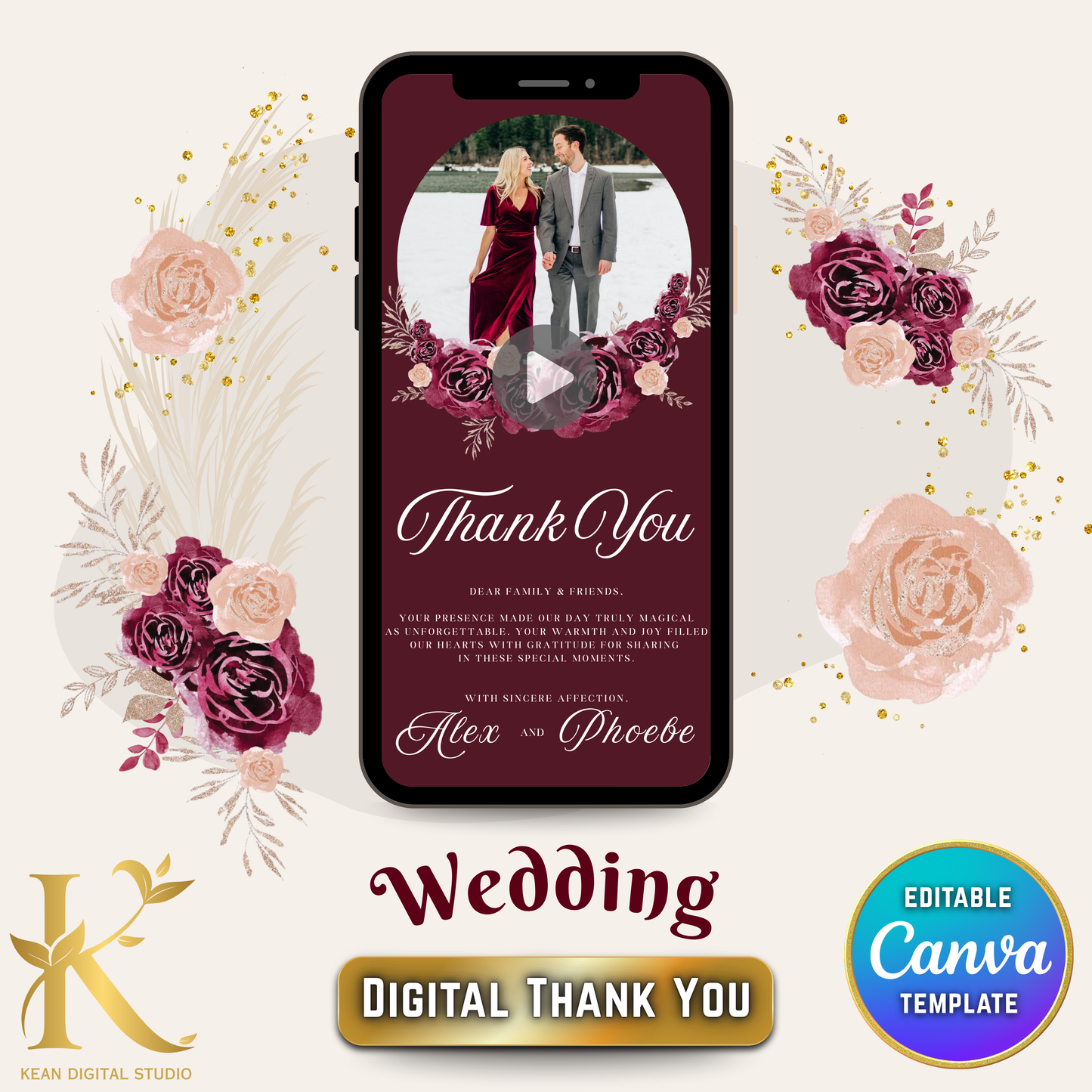 Wedding Digital Thank You Video Template, Fully Editable in Canva, Midnight Mulberry Theme, Burgundy Red Wedding