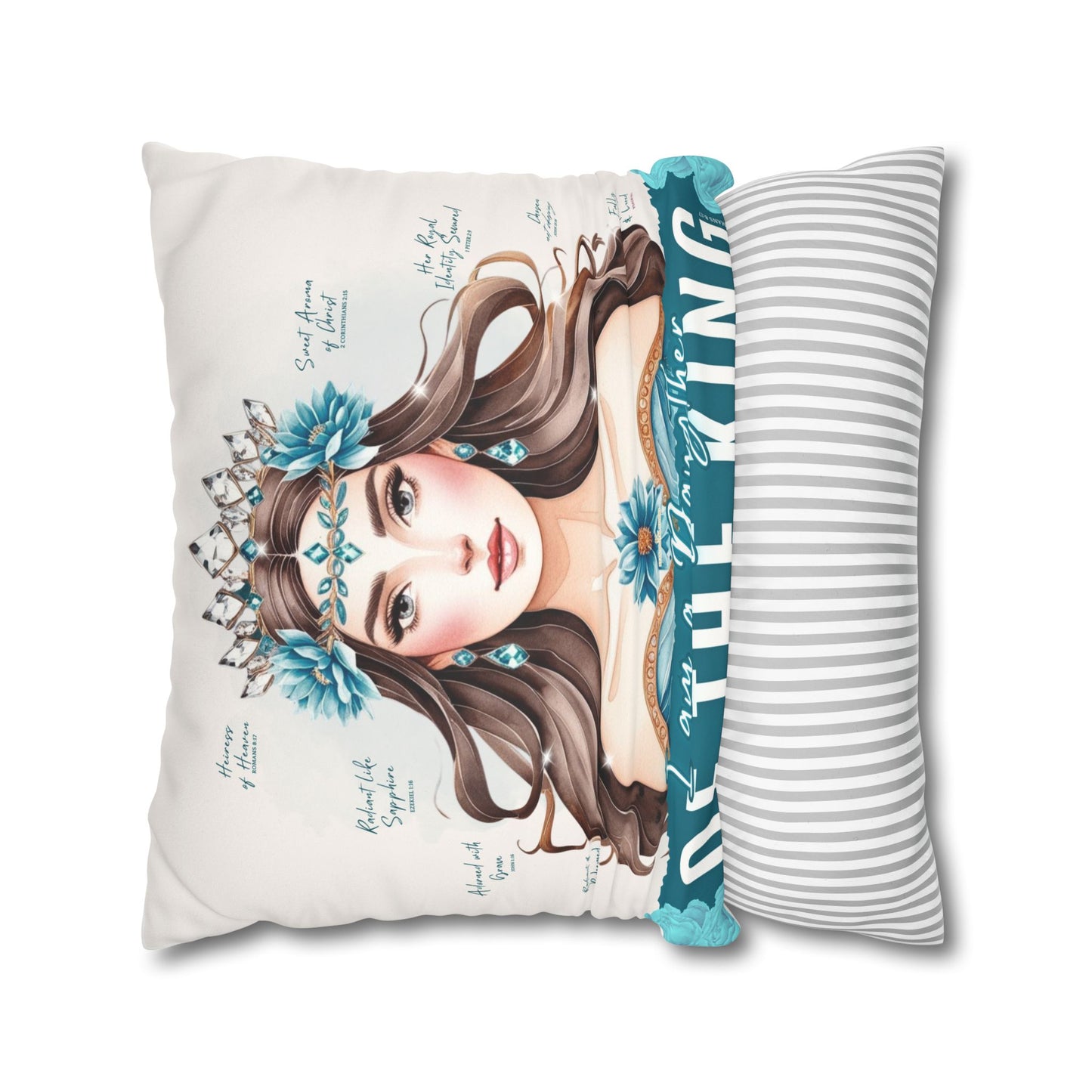 Daughter of the King Faux Suede Pillowcase | Floral Crown Decorative Throw Pillow I Turquoise