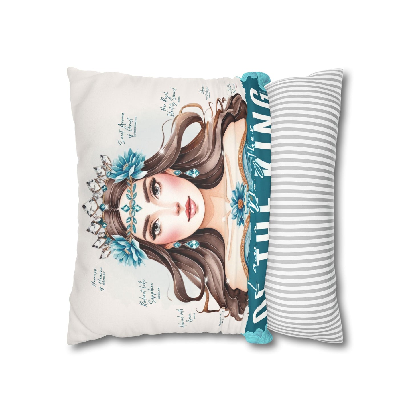 Daughter of the King Faux Suede Pillowcase | Floral Crown Decorative Throw Pillow I Turquoise