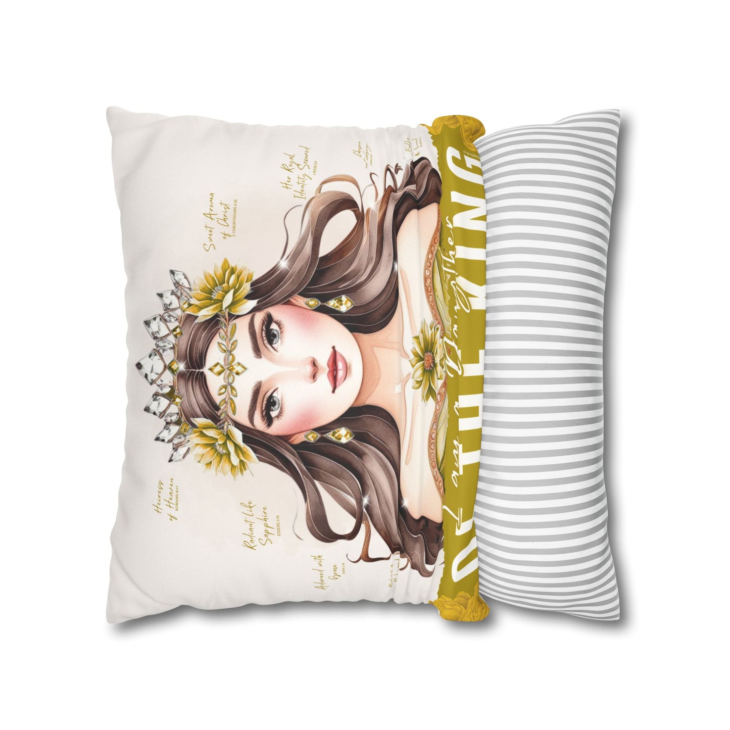 Daughter of the King Faux Suede Pillowcase | Floral Crown Decorative Throw Pillow I Yellow Gold