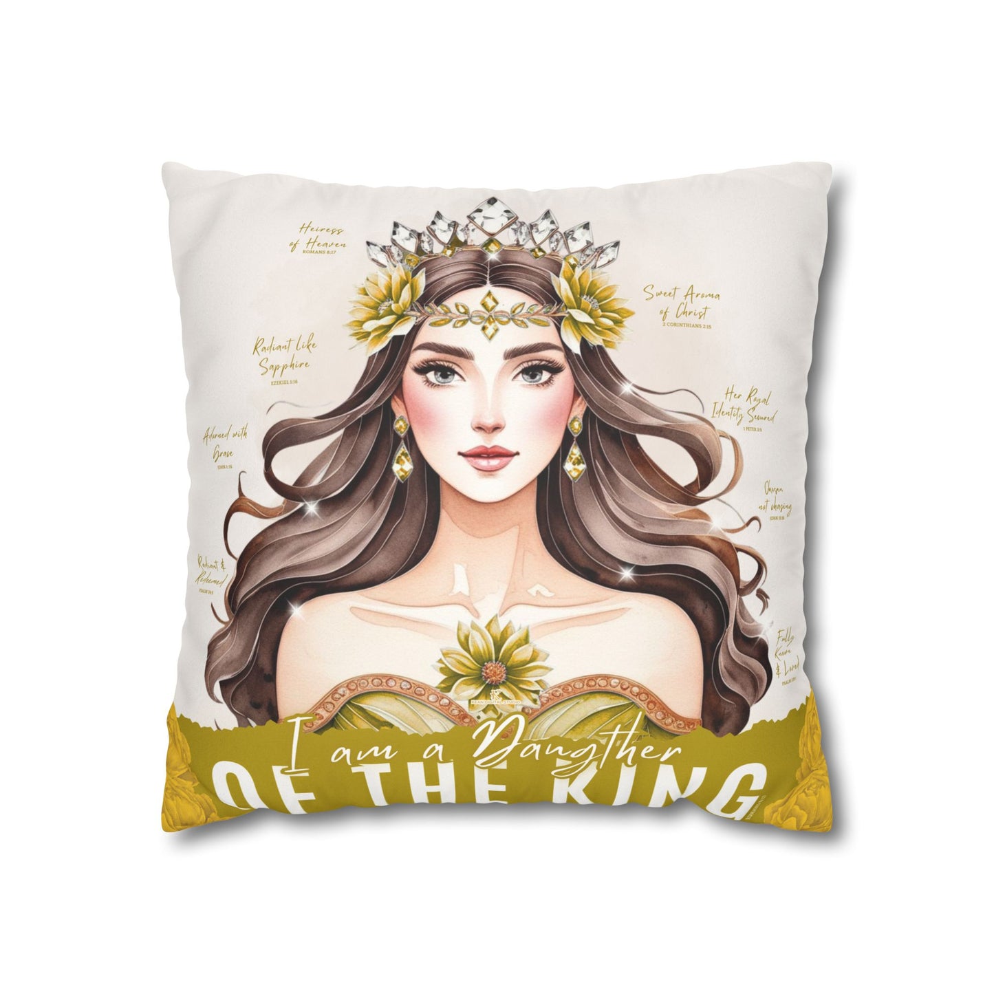 Daughter of the King Faux Suede Pillowcase | Floral Crown Decorative Throw Pillow I Yellow Gold