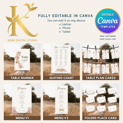 All In One Wedding Bundle Boho Theme Wedding Invitation and Wedding Website with RSVP, 20 Wedding Templates Fully Editable in Canva