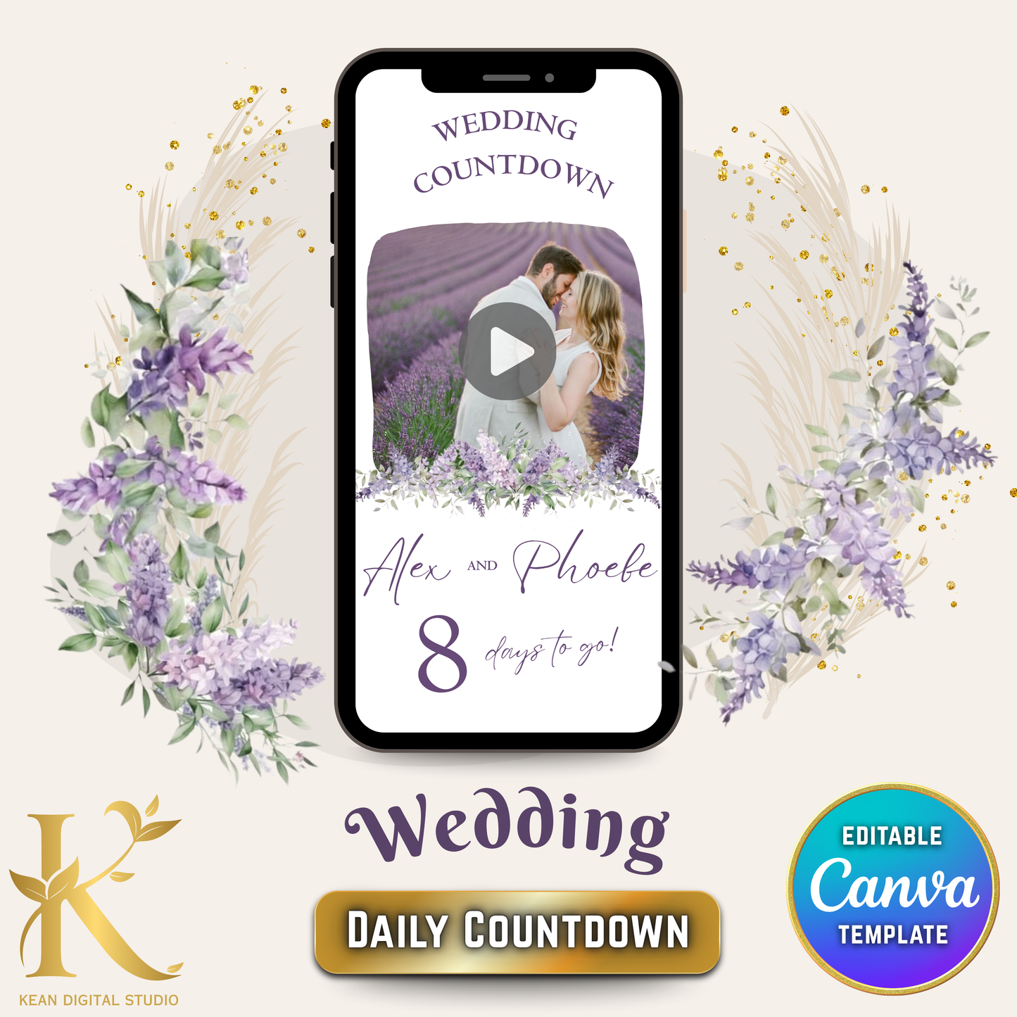 Wedding Daily Countdown Video Template, Fully Editable in Canva, Lavender Purple Themed