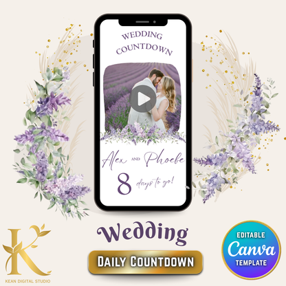 Wedding Daily Countdown Video Template, Fully Editable in Canva, Lavender Purple Themed