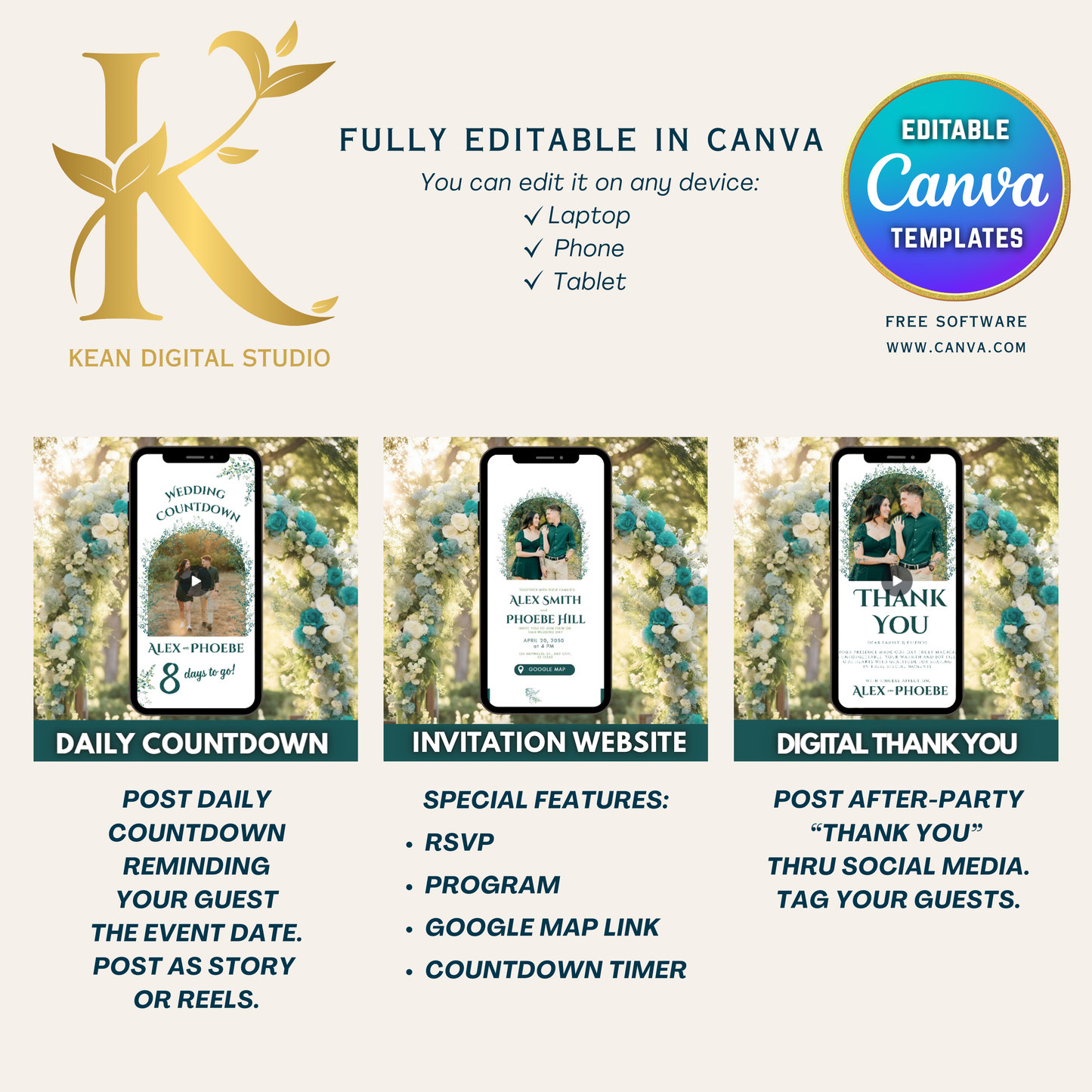 All In One Wedding Bundle Greenery Theme Wedding Invitation and Wedding Website with RSVP, 20 Wedding Templates Fully Editable in Canva