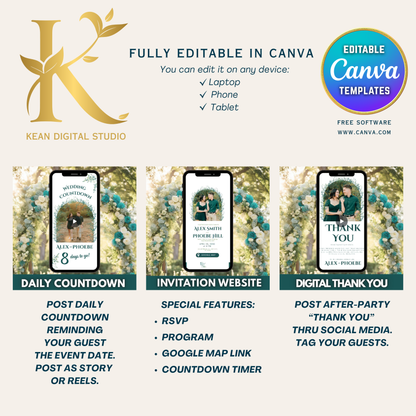 All In One Wedding Bundle Greenery Theme Wedding Invitation and Wedding Website with RSVP, 20 Wedding Templates Fully Editable in Canva