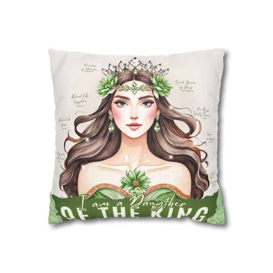 Daughter of the King Faux Suede Pillowcase | Floral Crown Decorative Throw Pillow I Olive Green