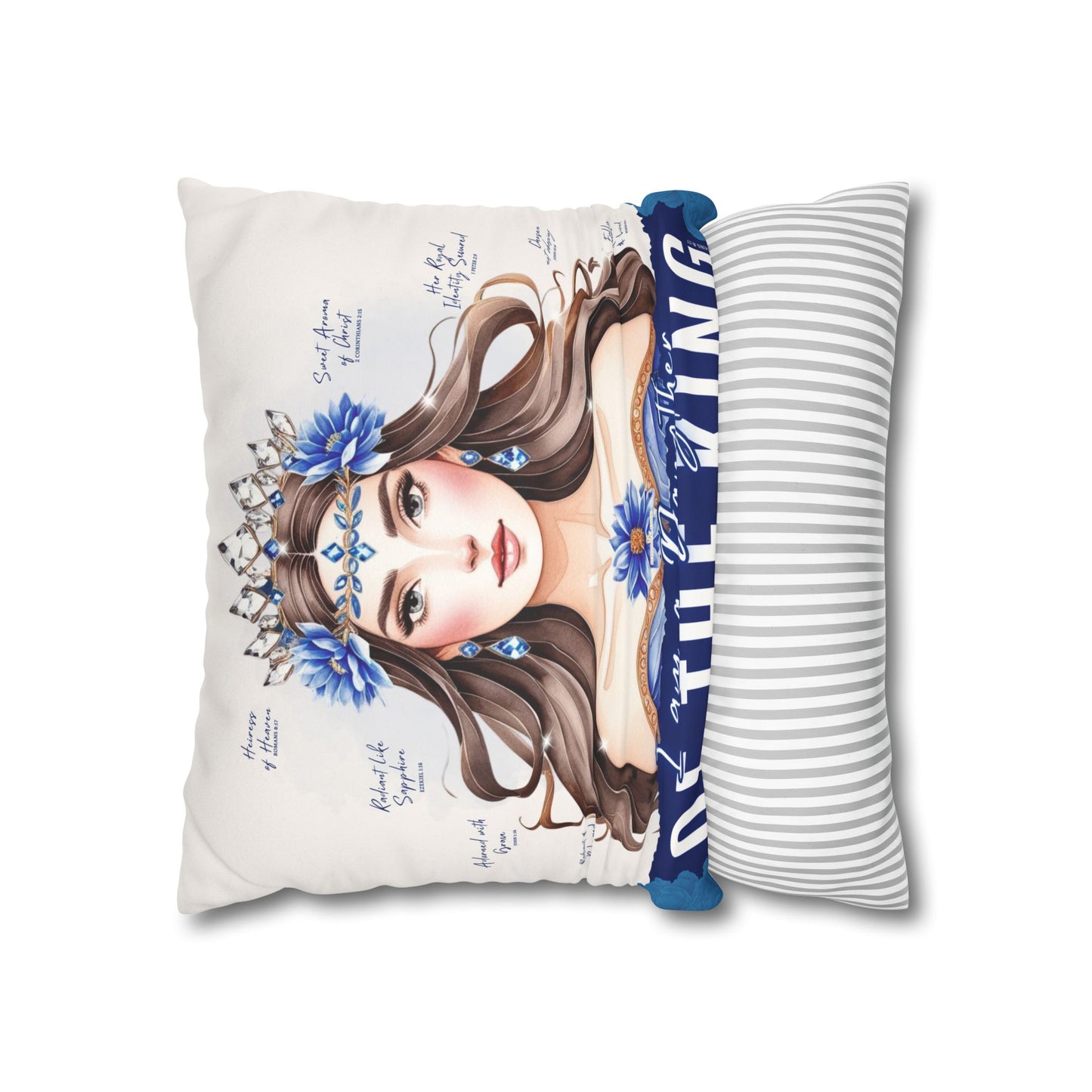 Daughter of the King Faux Suede Pillowcase | Floral Crown Decorative Throw Pillow I Blue