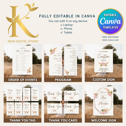 All In One Wedding Bundle Boho Theme Wedding Invitation and Wedding Website with RSVP, 20 Wedding Templates Fully Editable in Canva