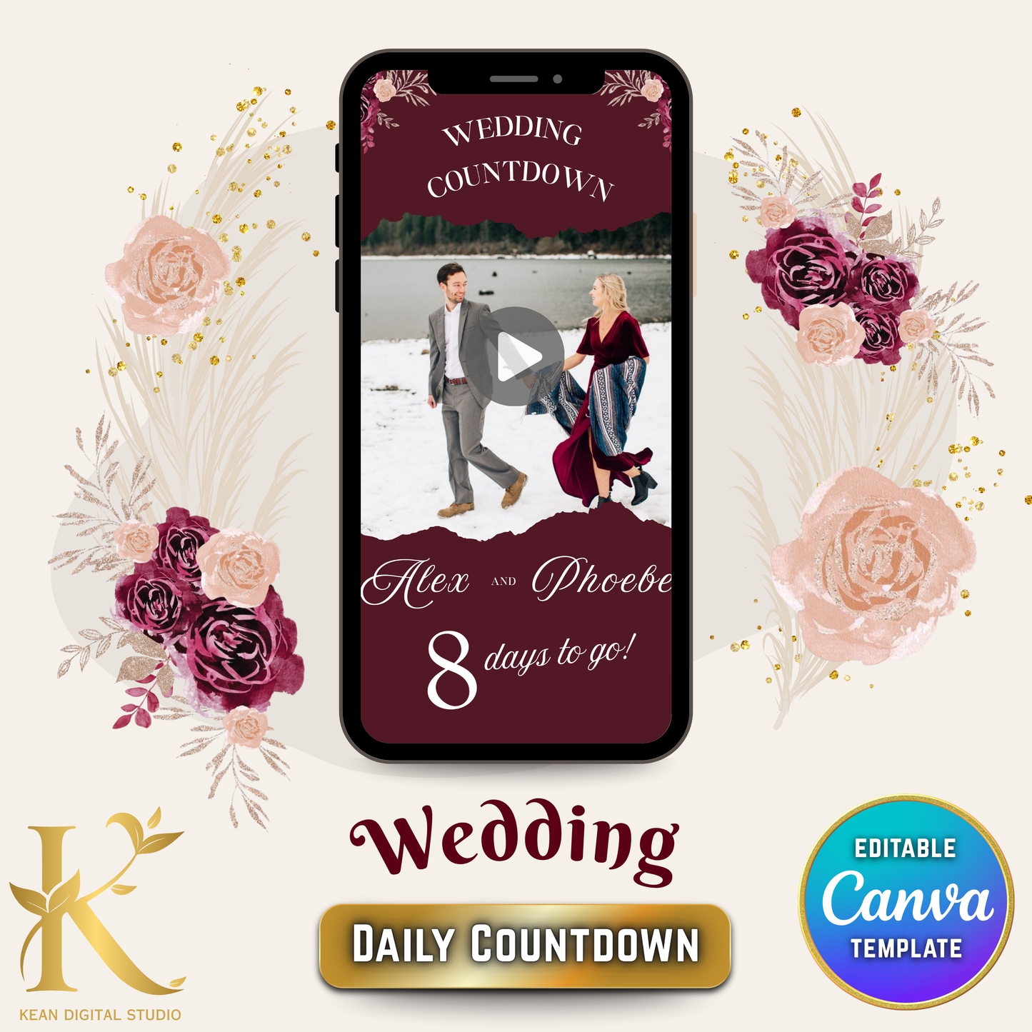Wedding Daily Countdown Video Template, Fully Editable in Canva, Midnight Mulberry Themed, Burgundy Red Wedding