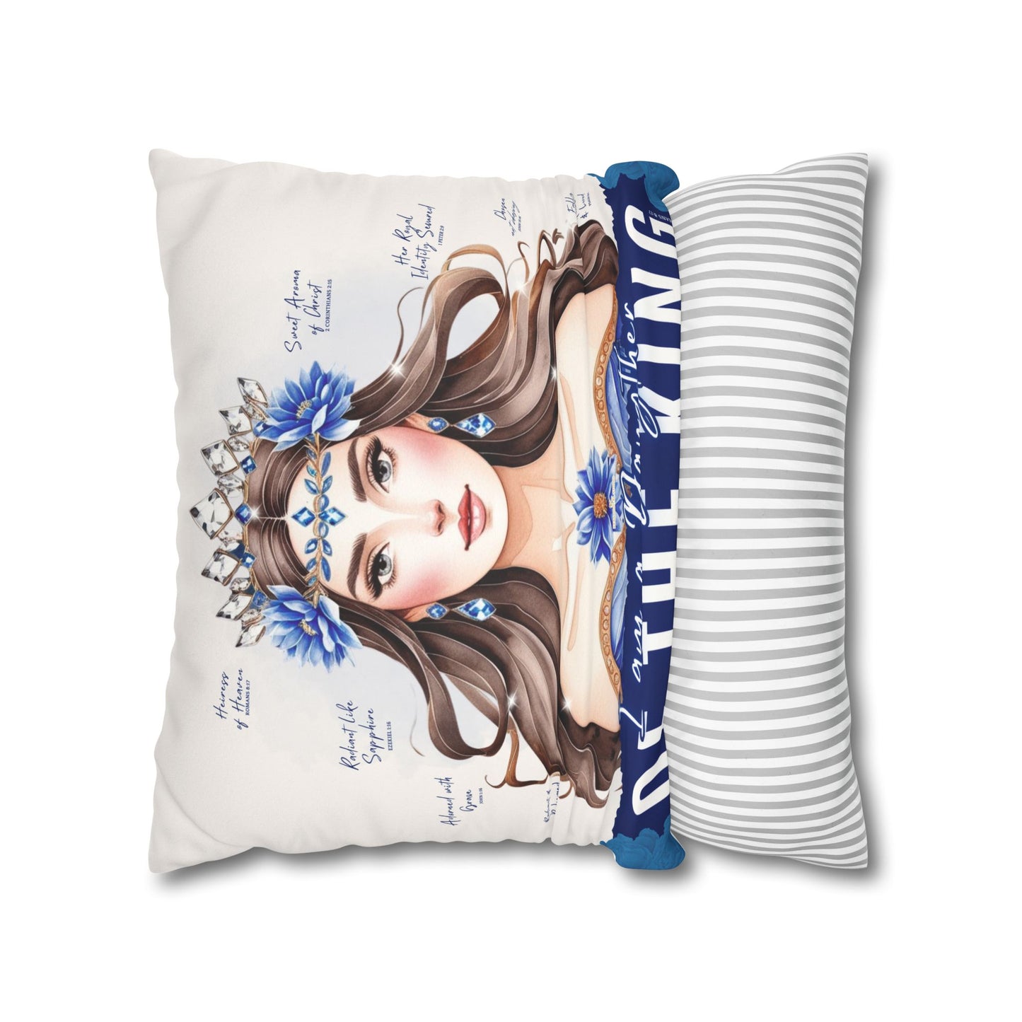 Daughter of the King Faux Suede Pillowcase | Floral Crown Decorative Throw Pillow I Blue