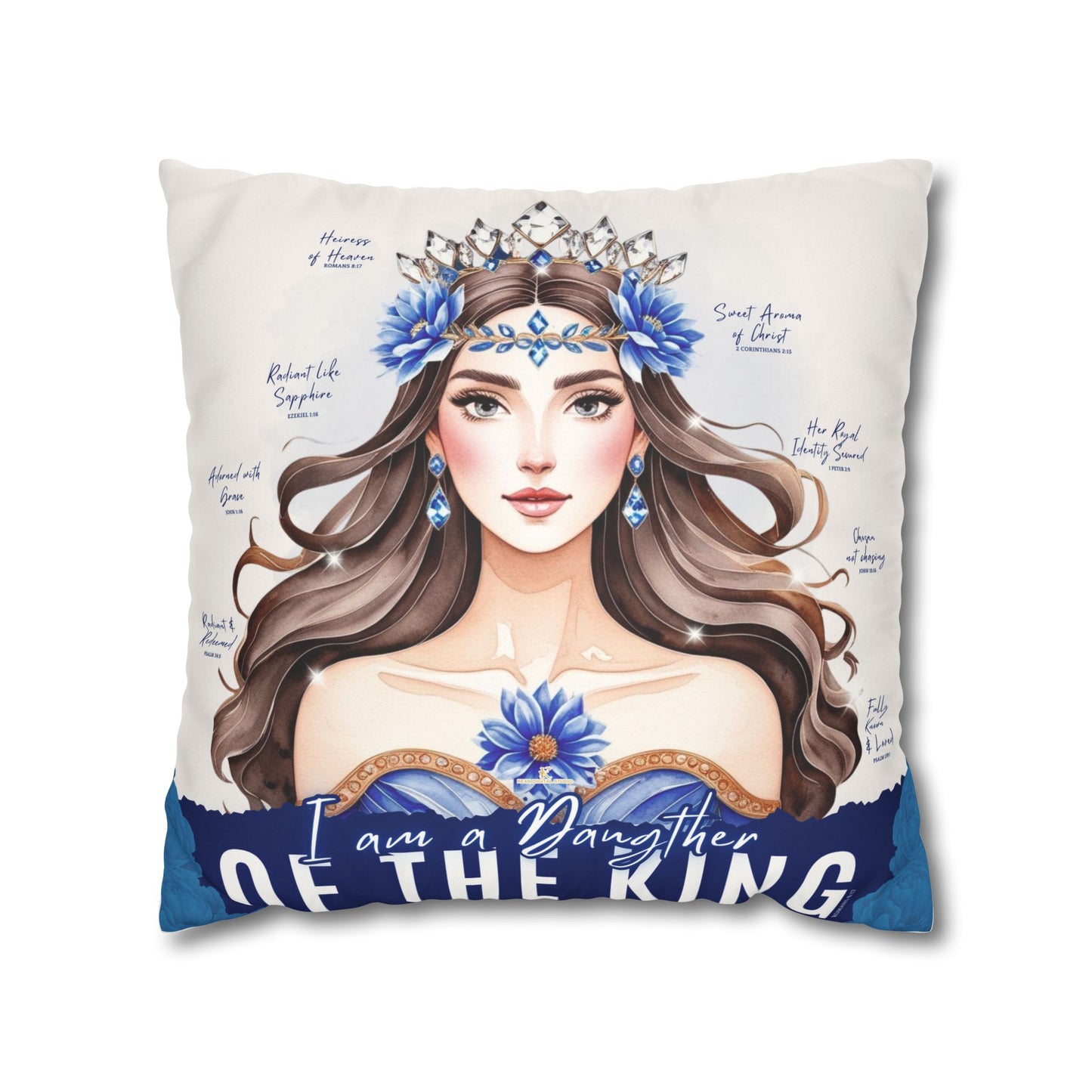 Daughter of the King Faux Suede Pillowcase | Floral Crown Decorative Throw Pillow I Blue
