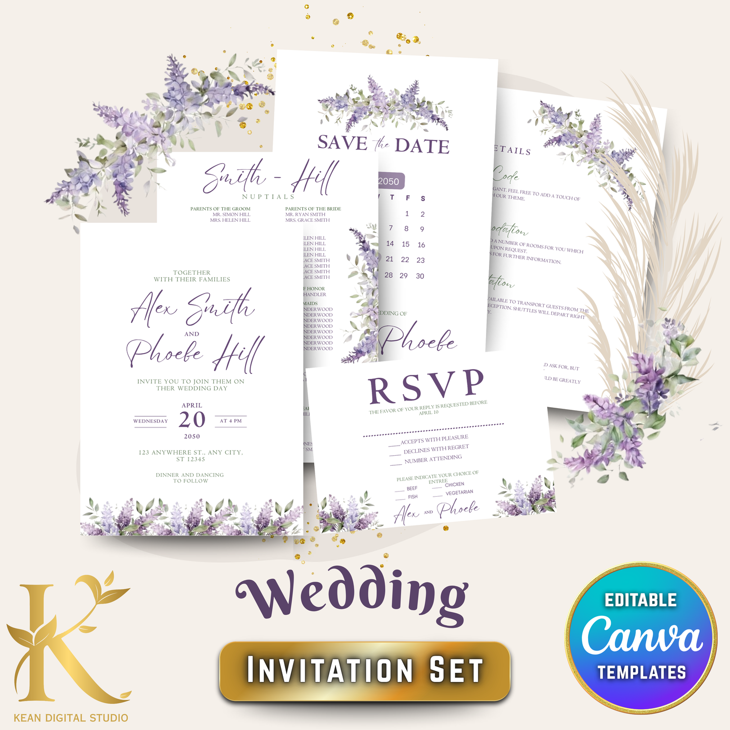 Wedding Invitation Set, Fully Editable in Canva, Lavender Purple Themed Wedding