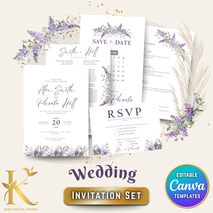 Wedding Invitation Set, Fully Editable in Canva, Lavender Purple Themed Wedding