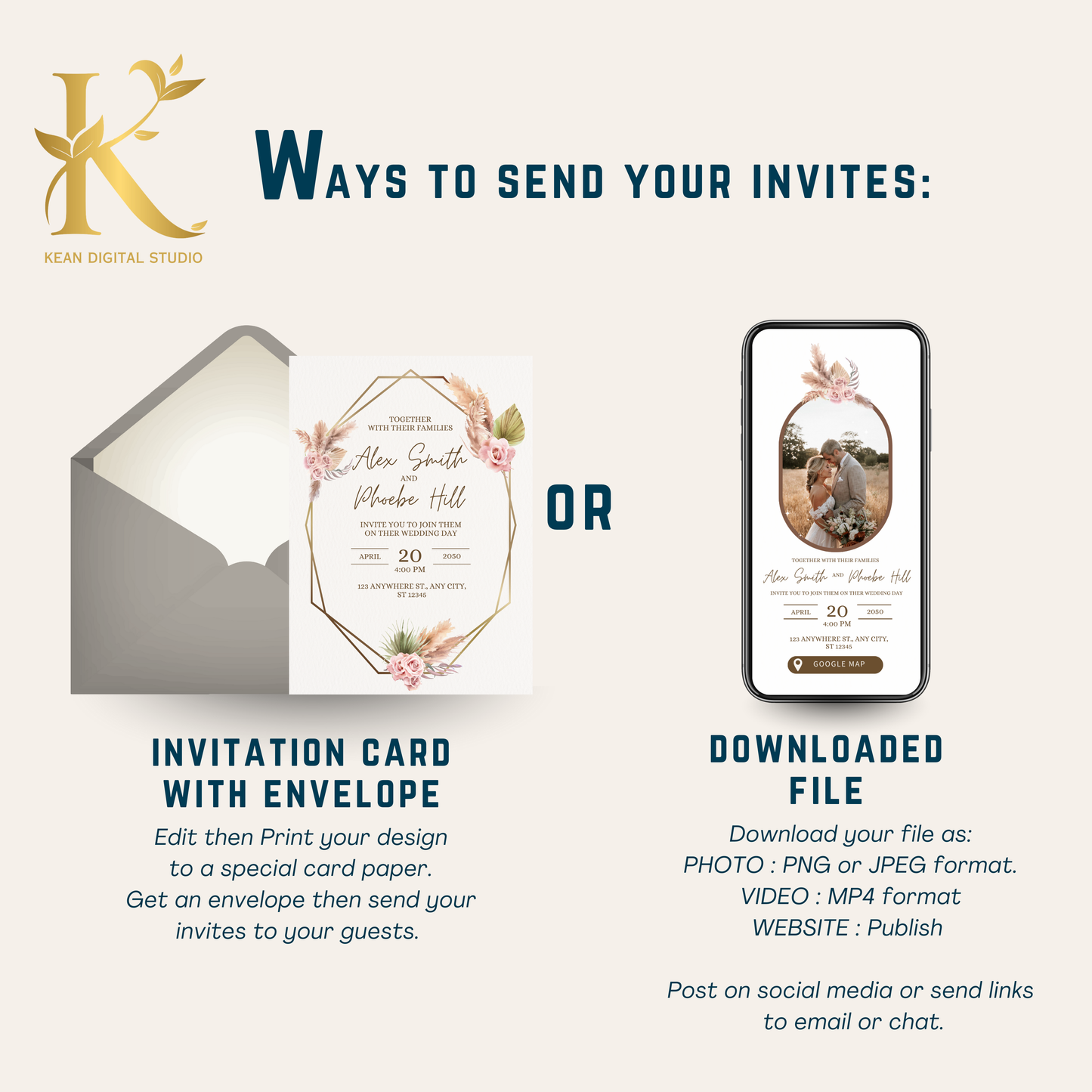 All In One Wedding Bundle Boho Theme Wedding Invitation and Wedding Website with RSVP, 20 Wedding Templates Fully Editable in Canva