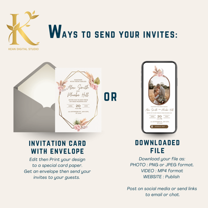 All In One Wedding Bundle Boho Theme Wedding Invitation and Wedding Website with RSVP, 20 Wedding Templates Fully Editable in Canva