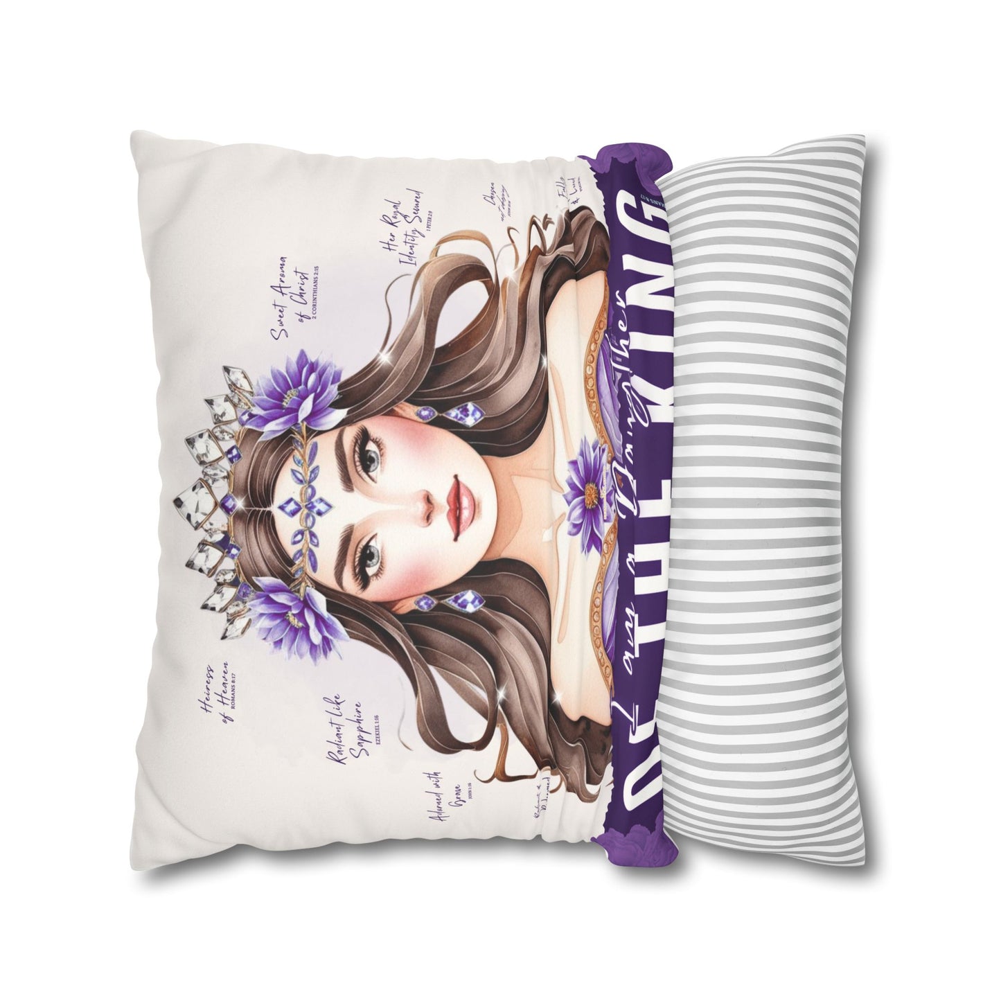 Daughter of the King Faux Suede Pillowcase | Floral Crown Decorative Throw Pillow I Purple Violet