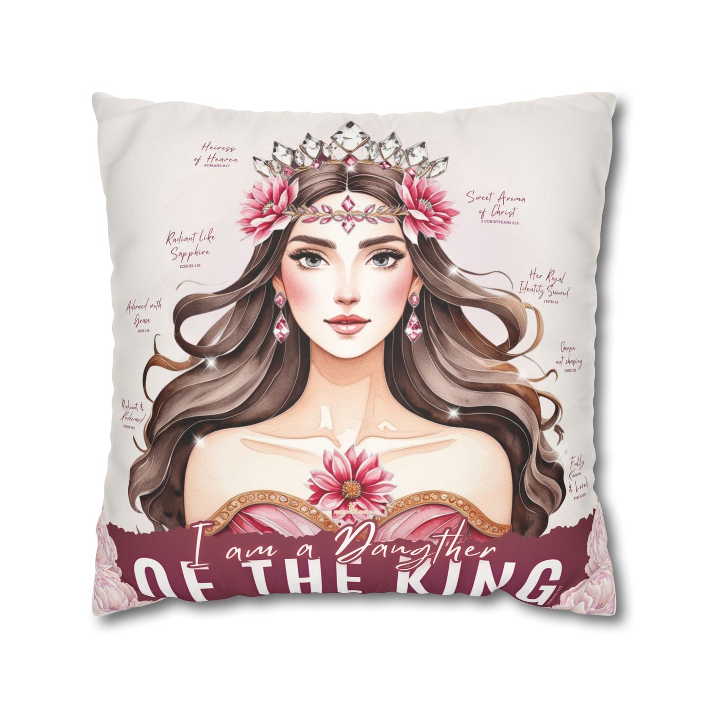 Daughter of the King Faux Suede Pillowcase | Floral Crown Decorative Throw Pillow I Pink