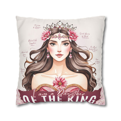 Daughter of the King Faux Suede Pillowcase | Floral Crown Decorative Throw Pillow I Pink