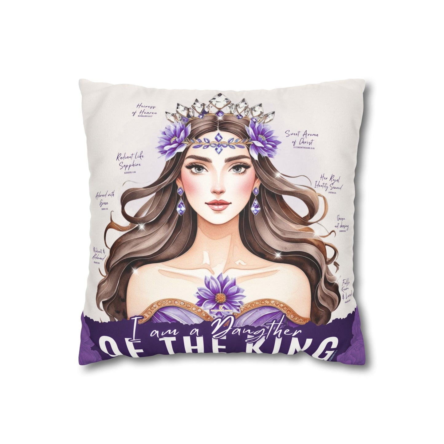 Daughter of the King Faux Suede Pillowcase | Floral Crown Decorative Throw Pillow I Purple Violet