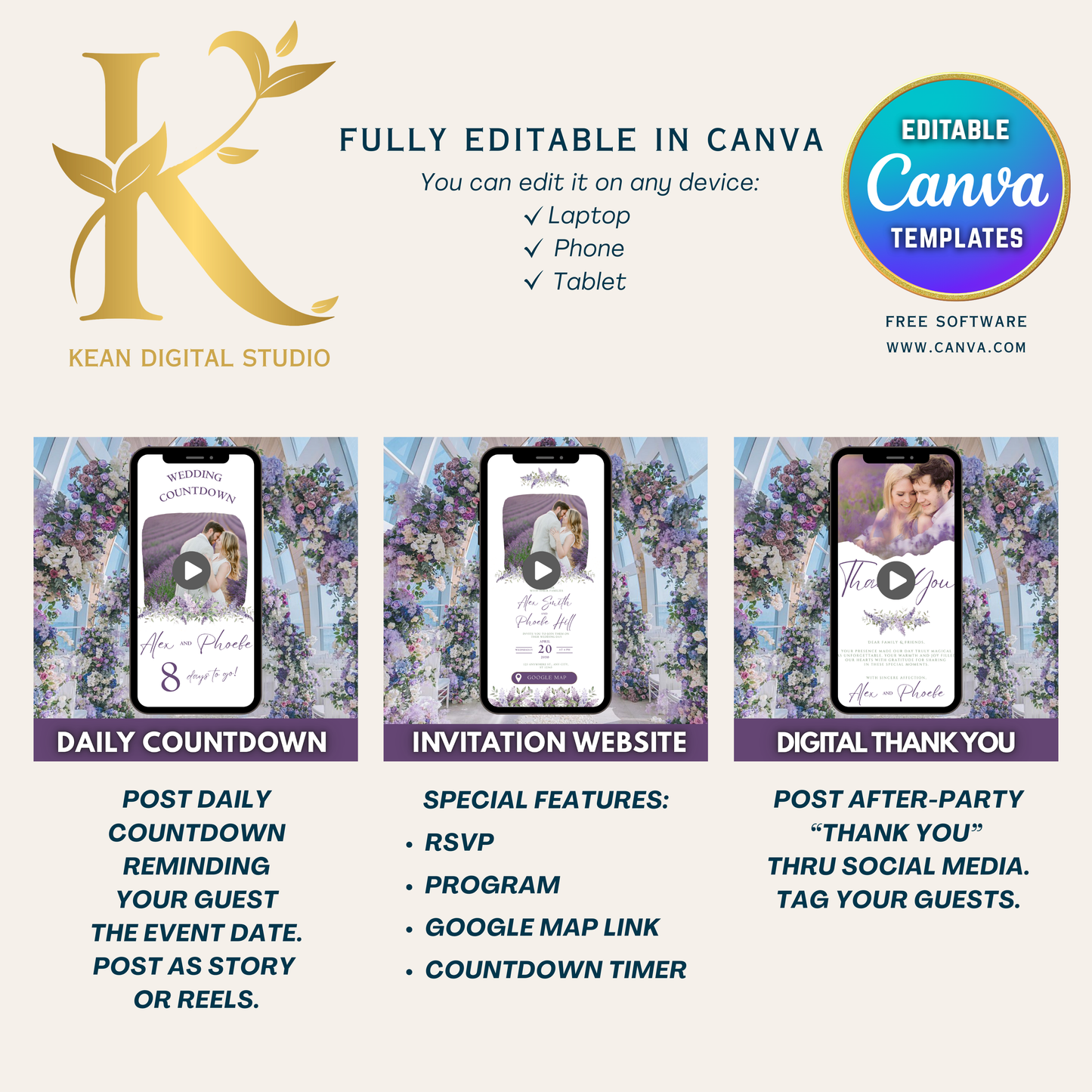 All In One Lavender Purple Wedding Invitation + Website Bundle, Canva Editable Templates, Lavender Themed Wedding, Purple Wedding Invitation