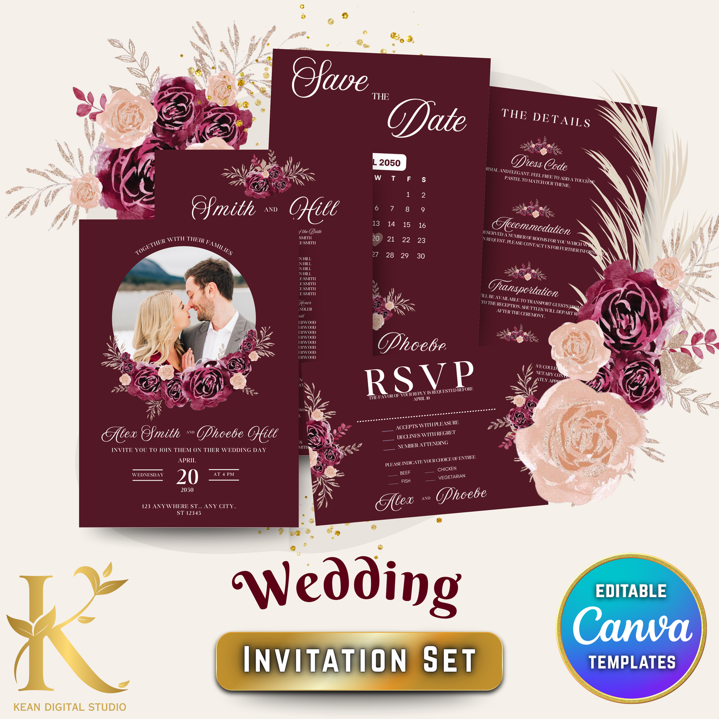 Midnight Mulberry Wedding Invitation Set, Fully Editable in Canva, Burgundy Red Themed Wedding