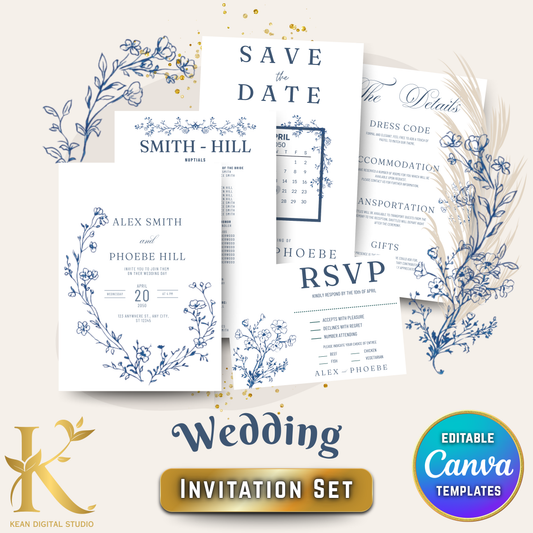 Wedding Invitation Set, Fully Editable in Canva, Blue Willow Themed Wedding